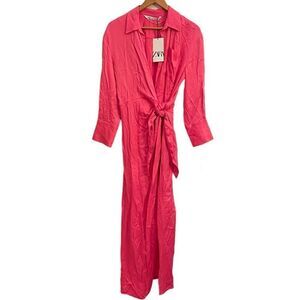Zara NWT Pink Long Sleeve Wrap Tie Maxi Dress Small